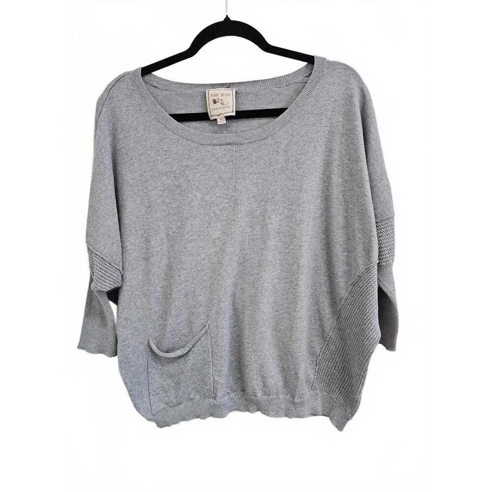 Pink Rose Womens Gray Pullover 3/4 Sleeve Sweater Waffle Detail Pocket Sz M